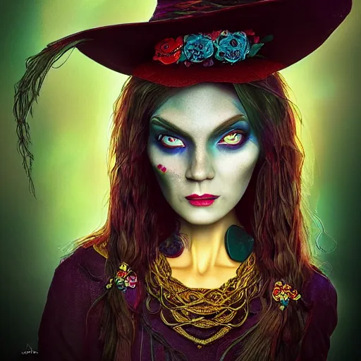 Prompt: A portrait of a beautiful witch, highly detailed, vivid colors, digital art, high contrast, vray