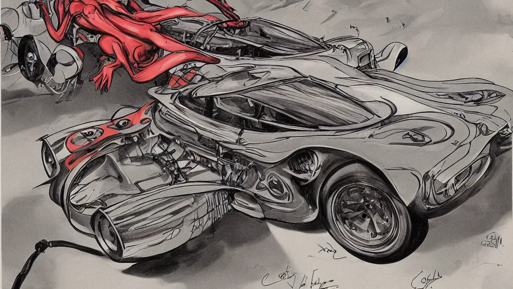 Prompt: 1960\'s race cars, art by Giger, style of red line anime movie, centered