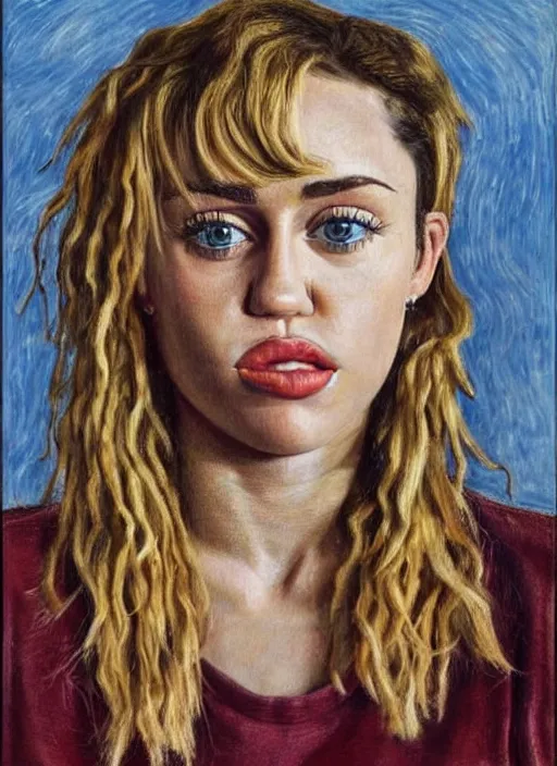Image similar to Miley Cyrus, painted by Lucian Freud, highly detailed, 8k