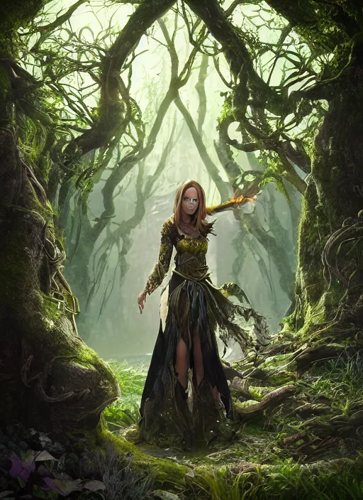 Image similar to Beautiful art portrait of a female fantasy sorceress in a dark mystical fantasy temple surrounded by lush spring time forest, atmospheric lighting, intricate detail, cgsociety, hyperrealistic, octane render, RPG portrait, ambient light, dynamic lighting