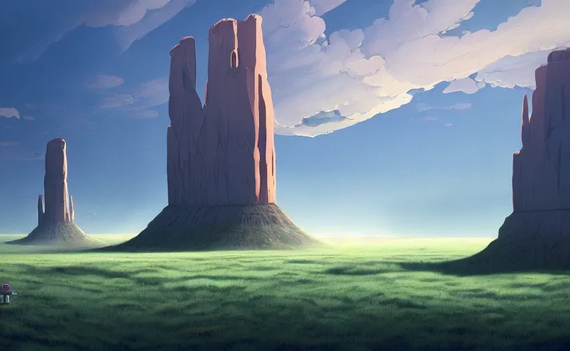 Image similar to a scary hyperrealist painting of a rocketship in a giant transparent forcefield from howl's moving castle ( 2 0 0 4 ) in a flooded monument valley stonehenge jungle. depth perception, 4 k, artstation, in the style of studio ghibli