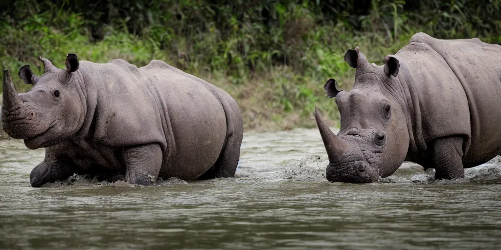 Image similar to hippo with a rhino horn, in a river in the jungle, extremely high fidelity, natural lighting