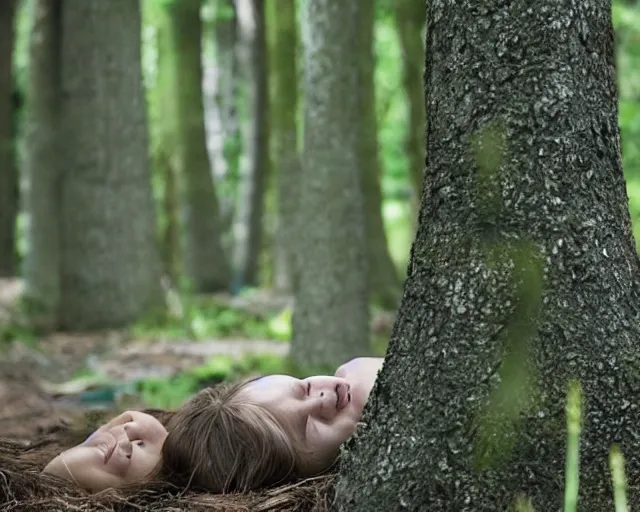 Prompt: for a few frames, you can see the face of her dead sister hidden in the trees