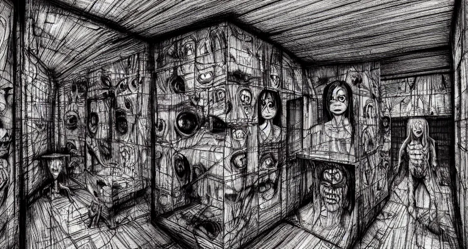 Prompt: a room with walls made from human faces, by junji ito and david lapham, hand drawn art, comic book, anime concept art, gritty, body horror, moody colors, trending on artstation, ultra high detail, focused