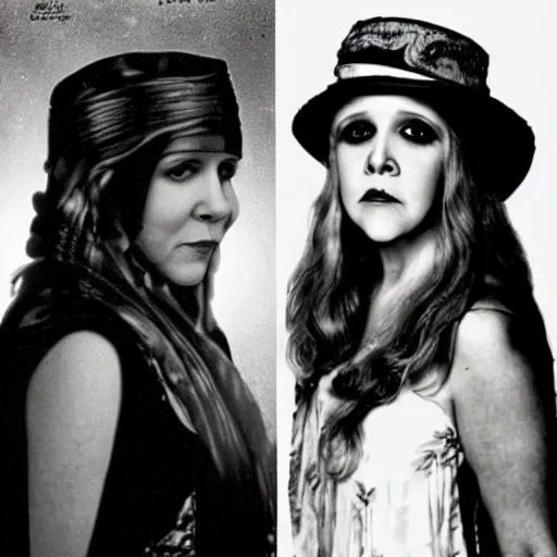 Prompt: carrie fisher and stevie nicks are the same person, perfect portrait demonstrating the hybrid of the two people as one person, painting