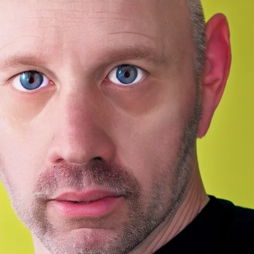 Image similar to He is white, middle aged, and completely bald. He looks like actor Glenn Langan. He has no facial hair, no beard, no eyebrows and no eyelashes. He has an average build. He has big round blue eyes.