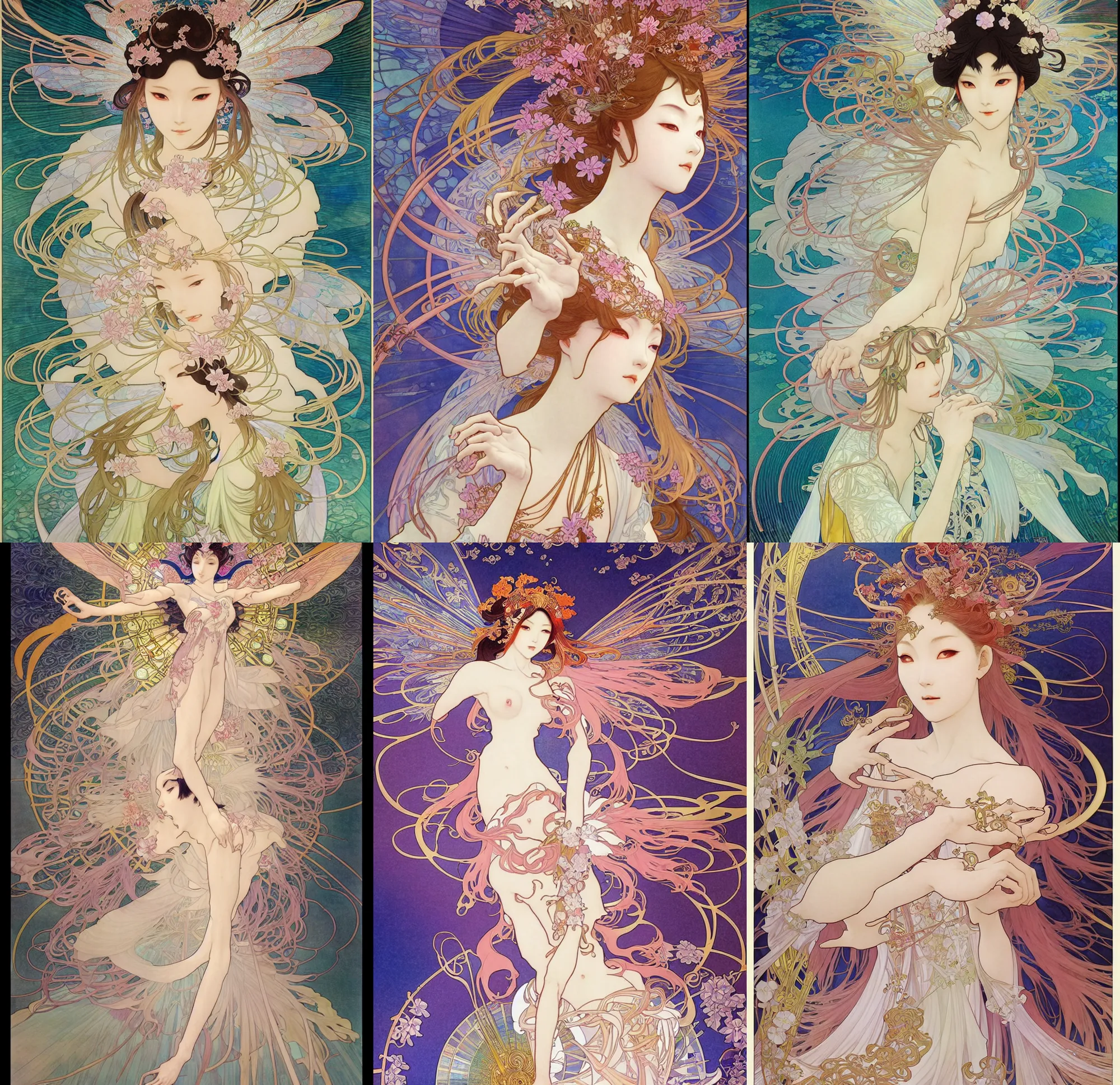 Prompt: deco art by yoshitaka amano, alfons mucha and makoto shinkai. chinese taoist fairy goddess. hyper detailed, character concept, full body, dynamic pose, intricate, lineart, cerpuscular rays, lily flowers. 8 k