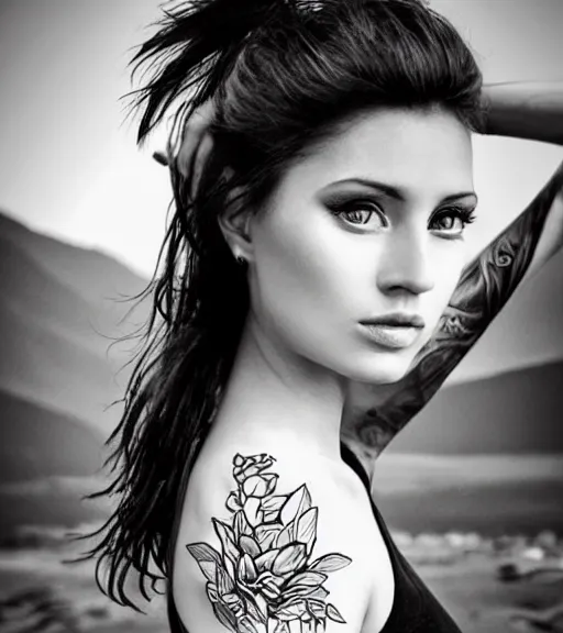 Image similar to tattoo design of beautiful woman against a background of beautiful mountains and nature, in the style of den yakovlev, black and white, hyper realistic, highly detailed