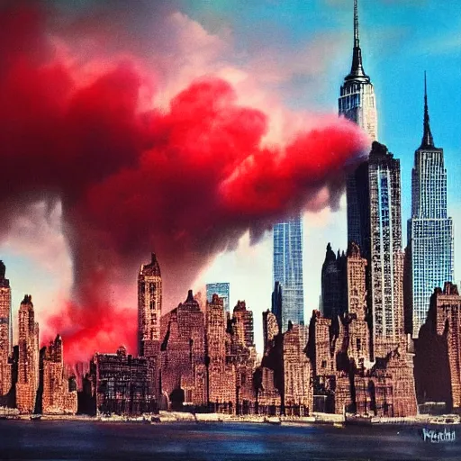 Image similar to dystopian, destroyed new york city, real, blue sky, smoke, red clouds, detailed, award winning, masterpiece, photograph, cinematic, hyperrealism