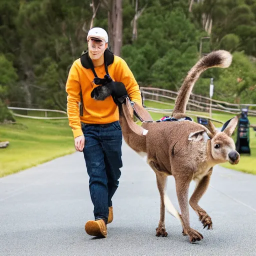 Prompt: A photograph of Pete Davidson walking a kangaroo, 200mm f/3.8