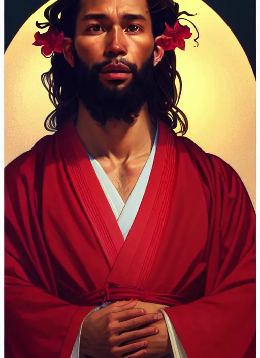 Image similar to symmetry!! portrait of terrence boyd as a jesus christ in a red kimono with an halo, face close - up, intricate, elegant, highly detailed, digital painting, artstation, concept art, smooth, sharp focus, illustration, art by artgerm and greg rutkowski and alphonse mucha