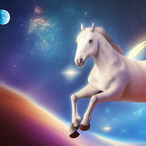 Image similar to horse wearing a space suit floating in outer space, highly detailed, stars in the background, nasa picture, 4 k, octane render, highly realistic photograph