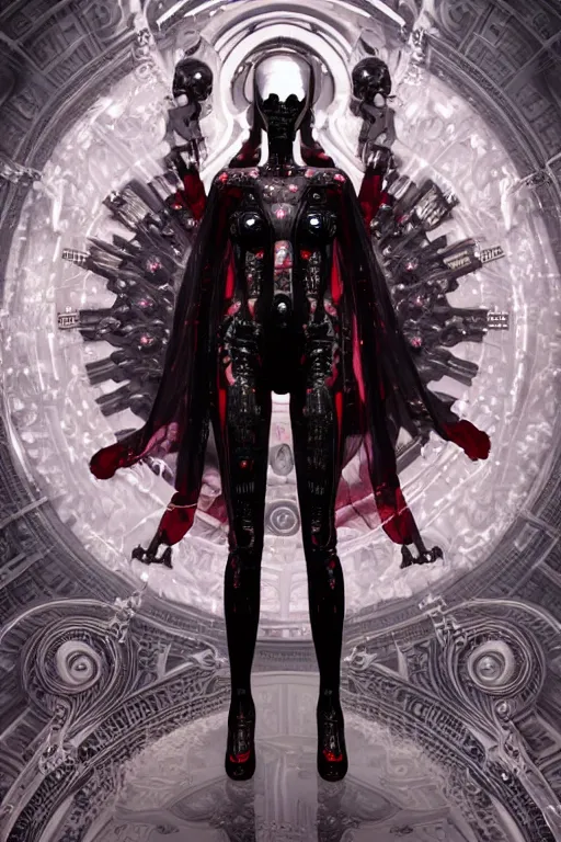 Prompt: full-body cyberpunk style sculpture of a young beautiful dark priestess, half android with a head opening exposing circuitry. glowing red eyes, black roses, flowing blood red colored silk, fabric, candles. baroque elements, human skull. full-length view. baroque element. intricate artwork by caravaggio. crows flying in background. Trending on artstation. octane render. cinematic lighting from the right, hyper realism, octane render, 8k, depth of field, 3D