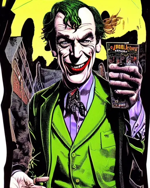 Image similar to portrait of saul goodman as the joker, die cut sticker, art by neil gaiman and peter elson, bernie wrightson