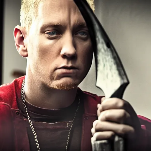 Prompt: Eminem as a butcher with axe in his hand, shot from professional camera, ultra realistic, rim light, beatiful vivid lights