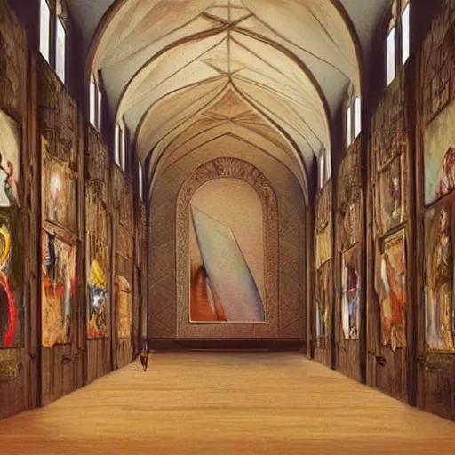 Image similar to giant medieval great hall room with walls filled with modern art paintings, doors that are cosmic portals, painting by Artgerm
