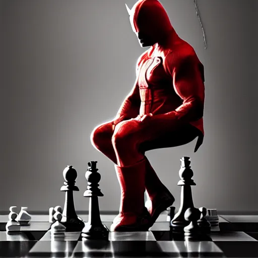 Image similar to daredevil pondering next to a chess set, photograph, octane, painting by greg ruthowski, artstation
