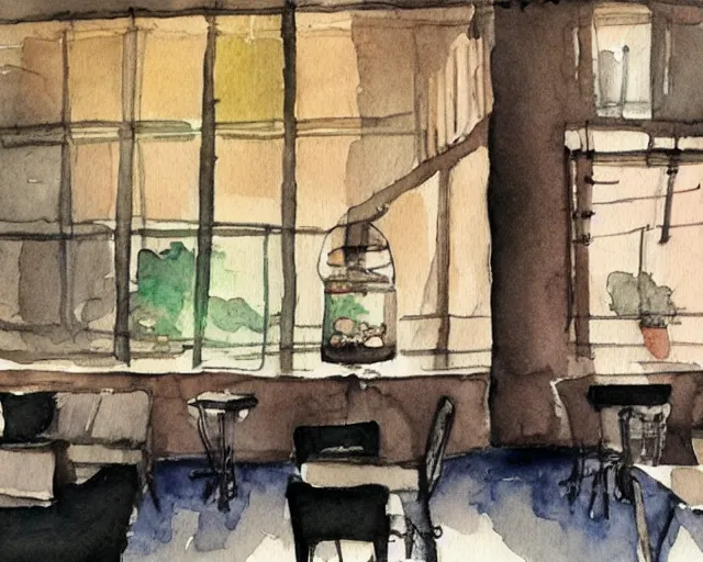 Prompt: a coffee shop smooth light color watercolor ink pen