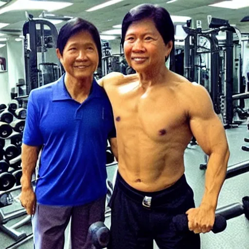 Prompt: A very muscular and lean BongBong Marcos flexing in the gym