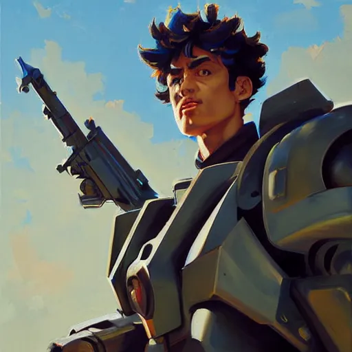 Image similar to greg manchess portrait painting of armored spike spiegel as overwatch character, totally whack, medium shot, asymmetrical, profile picture, organic painting, sunny day, matte painting, bold shapes, hard edges, street art, trending on artstation, by huang guangjian and gil elvgren and sachin teng