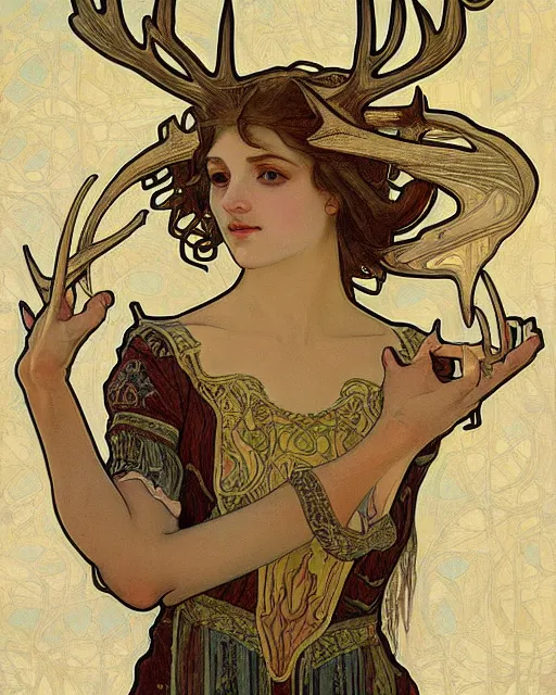 Image similar to an art nouveau painting of a deer with antlers, highly detailed, intricate, artstation, by alphonse mucha and james gurney