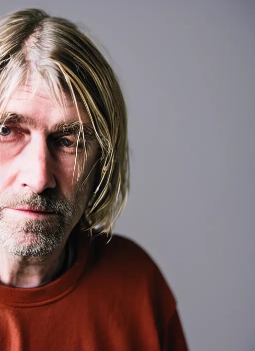 Prompt: DSLR photo portrait still of 55 year old age 55 Kurt Cobain at age 55!!!, 85mm f1.8