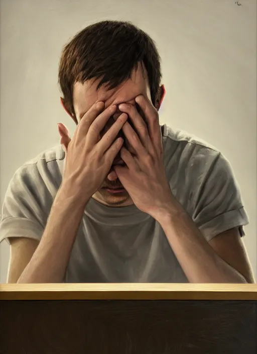 Image similar to insanely detailed portrait of a sleepy - looking programmer guy on his knees in front of his glowing ultrawide monitor begging for forgiveness, oil on canvas, masterwork, fine detail, trending on artstation, emotive, insanely compelling, ryden, koons, moebius