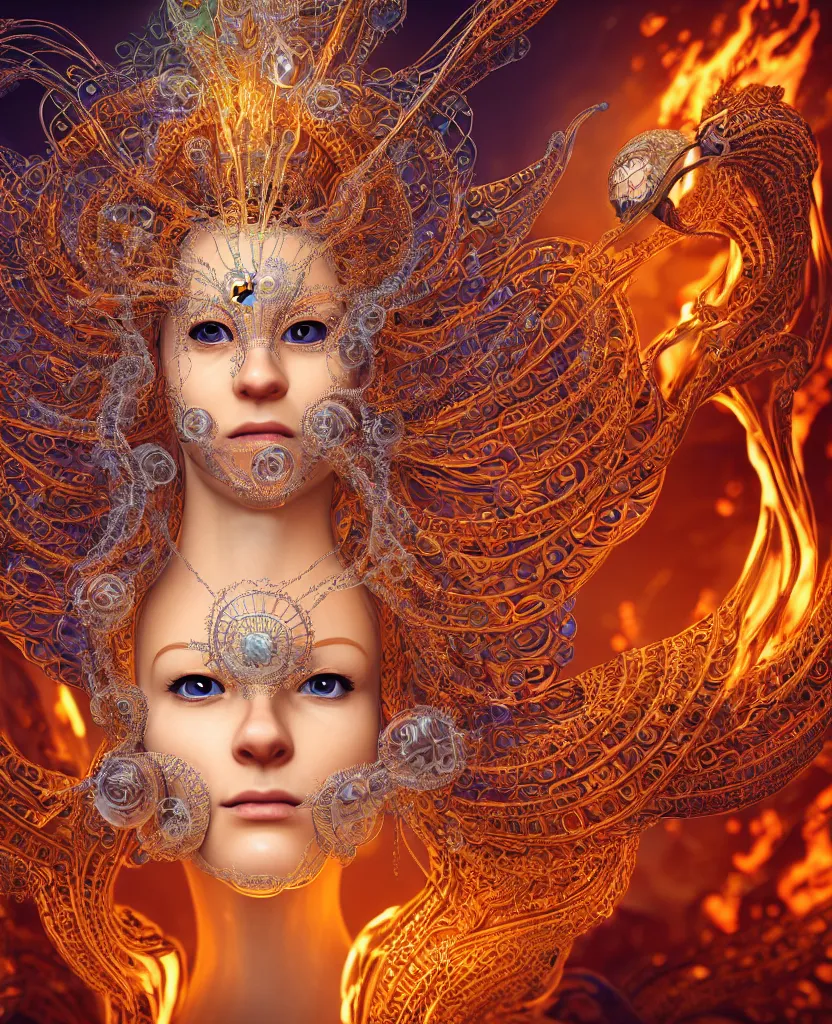 Prompt: close-up portrait of the face of a beautiful princess in intricate ornate glass mask, epic angle and pose, symmetrical artwork, 3d with depth of field, blurred background, cybernetic jellyfish female face skull phoenix bird, translucent, nautilus, energy flows of water and fire. a highly detailed epic cinematic concept art CG render. made in Maya, Blender and Photoshop, octane render, excellent composition, cinematic dystopian brutalist atmosphere, dynamic dramatic cinematic lighting, aesthetic, very inspirational, arthouse. y Greg Rutkowski, Ilya Kuvshinov, WLOP, Stanley Artgerm Lau, Ruan Jia and Fenghua Zhong