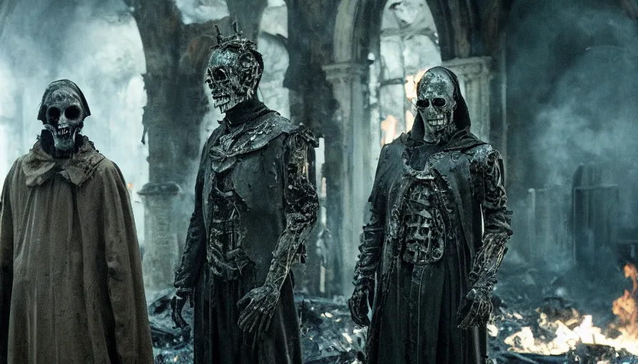 Prompt: Movie by Ridley Scott about a lavishly dressed necromancer priest and a cyborg zombie stand outside a burnt down 16th century alchemist lab