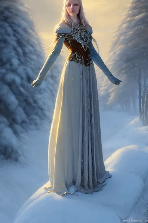 Image similar to nostalgia for a fairytale, nordic, ice, medieval maiden, long hair, tall and thin, illustration, dramatic lighting, soft details, painting, art nouveau, octane render, 8 k, hd, by edmund blair leighton, brom, charlie bowater, faces by otto schmidt