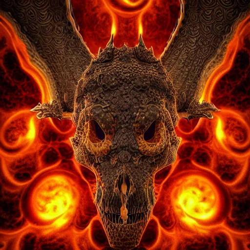 Prompt: Ultra detailed 3d render Macro of fractal dragon, fantasy skull, intricate ornate details, mandelbrot, octane render, 8k, high quality, volumetric lighting, smooth surface render