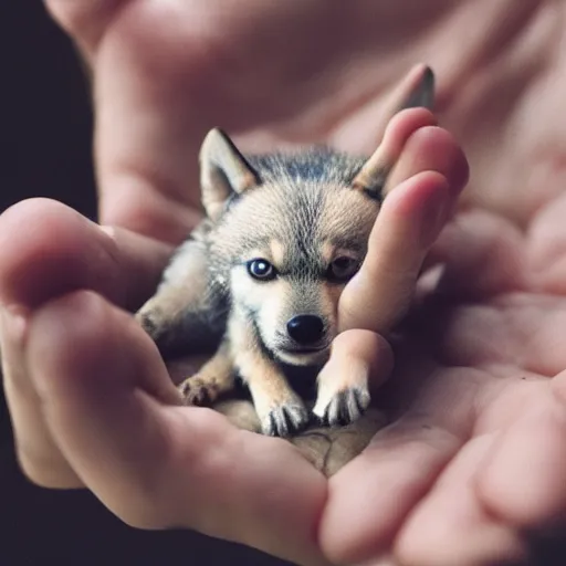 Prompt: photo of a tiny pet wolf in the palm of a hand