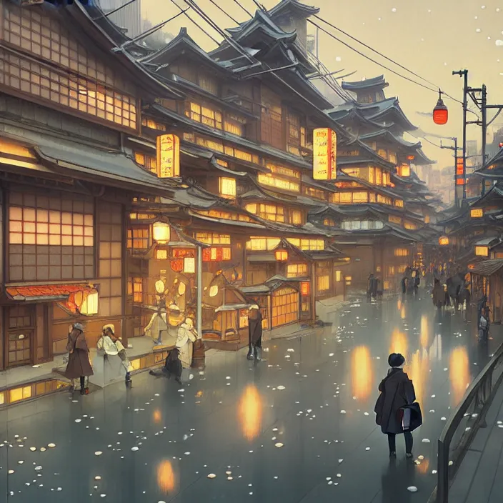 Image similar to japanese big city, winter, in the style of studio ghibli, j. c. leyendecker, greg rutkowski, artem