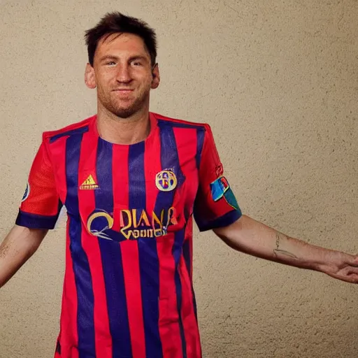 Image similar to a photography of Lionel Messi wearing a Bayern Munich jersey, red background, full body shot, studio lighting, realistic