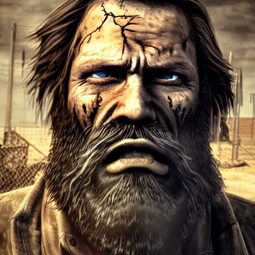 Image similar to centered detailed portrait of an old smuggler with a huge beard:: post apocalyptic, Fallout style, destroyed city on background::old grunge skin, scars, mutation::realistic character concept, identical eyes, gazing eyes, beautiful eyes medium shot, elegant pose, fantasy, illustration, slender symmetrical face and body, artstation, cinematic lighting, hyperdetailed, cgsociety, 8k Resolution, high resolution, Charlie Bowater, Tom Bagshaw, Tom Richmond, single face, insanely detailed and intricate, beautiful, elegant, golden ratio, vfx, psychedelic