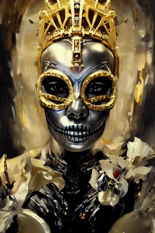 Prompt: beautiful expressive oil painting portrait of futuristic god queen, silver exoskeleton, with a gold sugar skull mask, cyberpunk, alien semiotic symbols, art by anders zorn, wonderful masterpiece by greg rutkowski, beautiful cinematic light, american romanticism by greg manchess, jessica rossier