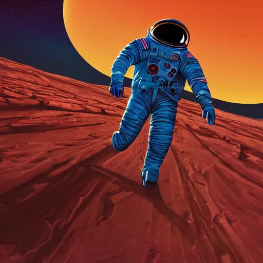 Prompt: wide angle shot from below of nicolas cage astronaut walking with swagger towards camera on mars in an infinite universe, synthwave digital art