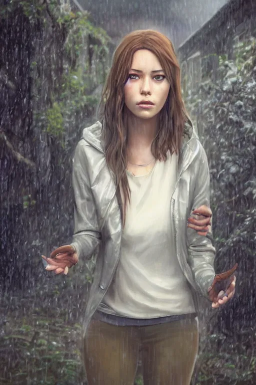 Image similar to tv scene of rachel amber from life is strange standing in a graveyard in the rain, highly detailed, sharp focused, ultra realistic digital concept art by Alyssa Monks, Charlie Bowater