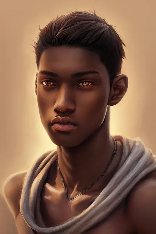 Image similar to young teenager boy with straight short brown hair, dark skin, big lips. highly detailed, d & d, fantasy, highly detailed, digital painting, trending on artstation, concept art, sharp focus, illustration, art by artgerm and greg rutkowski and fuji choko and viktoria gavrilenko and hoang lap