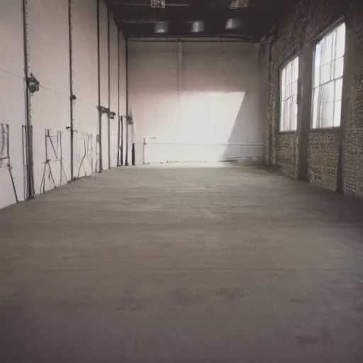 Prompt: empty warehouse room with a lone female mannequin cinestill 7 0's film