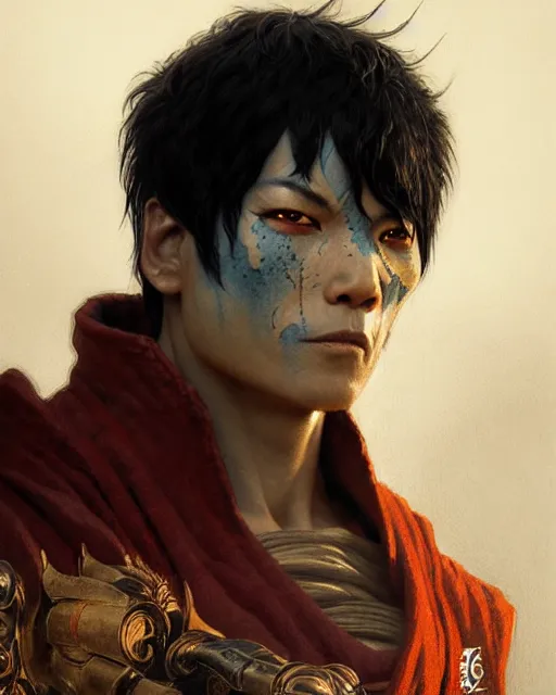 Image similar to zuko from avatar the last airbender, character portrait, portrait, close up, concept art, intricate details, highly detailed by greg rutkowski, michael whelan and gustave dore