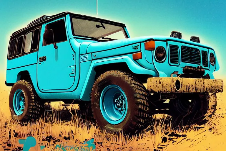 Image similar to digital illustration of a faded cyan mad max's fj 4 0 decrepit!!!! pursuit special, rusty!!! cyberpunk nissan fj cruiser heavily modded 1 9 9 0 s, the last v 8 interceptor by makoto shinkai, ilya kuvshinov, lois van baarle, rossdraws, basquiat