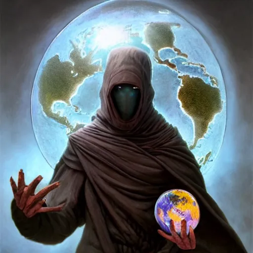 Image similar to masked nomad male wearing a cloak on an alien world and holding a holographic planet projection in his hand, detailed, sci - fi, digital painting, artstation, sharp focus, illustration, ominous, artgerm, tomasz alen kopera, peter mohrbacher, donato giancola, joseph christian leyendecker, wlop, frank frazetta