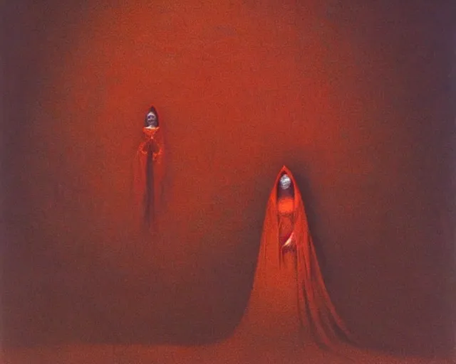 Image similar to by francis bacon, beksinski, mystical redscale photography evocative. devotion to the scarlet woman, priestess in a conical hat, coronation, ritual, sacrament