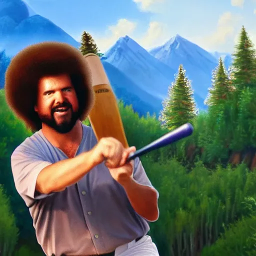 Prompt: a closeup photorealistic photograph of bob ross themed kenny powers playing baseball, a painting on a canvas. mountains and trees. film still. brightly lit scene. this 4 k hd image is trending on artstation, featured on behance, well - rendered, extra crisp, features intricate detail, epic composition and the style of unreal engine.