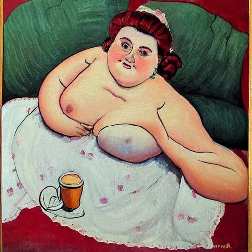 Image similar to a beautiful painting of a beautiful fat woman wearing a nightgown drinking coffee in a bed with white sheets in the style of in the style of Telous Lautrec