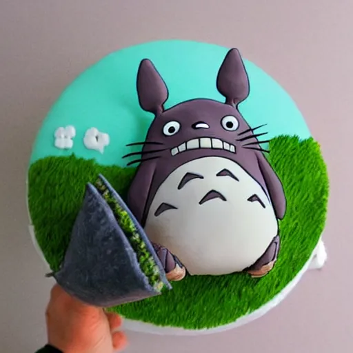 Image similar to totoro, smiling, holding a birthday cake, saying happy birthday!, studio ghibli