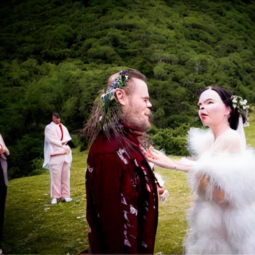 Image similar to bjork marrying bjork, at a volcano, professional wedding photography, 8 k photo