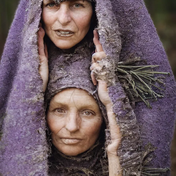 Image similar to closeup portrait of a woman wearing a cloak made of lavender and scrap metal in a charred, burnt forest, by Annie Leibovitz and Steve McCurry, natural light, detailed face, CANON Eos C300, ƒ1.8, 35mm, 8K, medium-format print