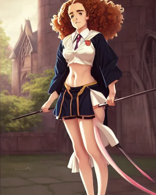 Prompt: pinup anime art of hermione granger by emma watson in the hogwarts square, hermione by a - 1 pictures, by greg rutkowski, gil elvgren, enoch bolles, glossy skin, pearlescent, anime, very coherent, flat, ecchi anime style